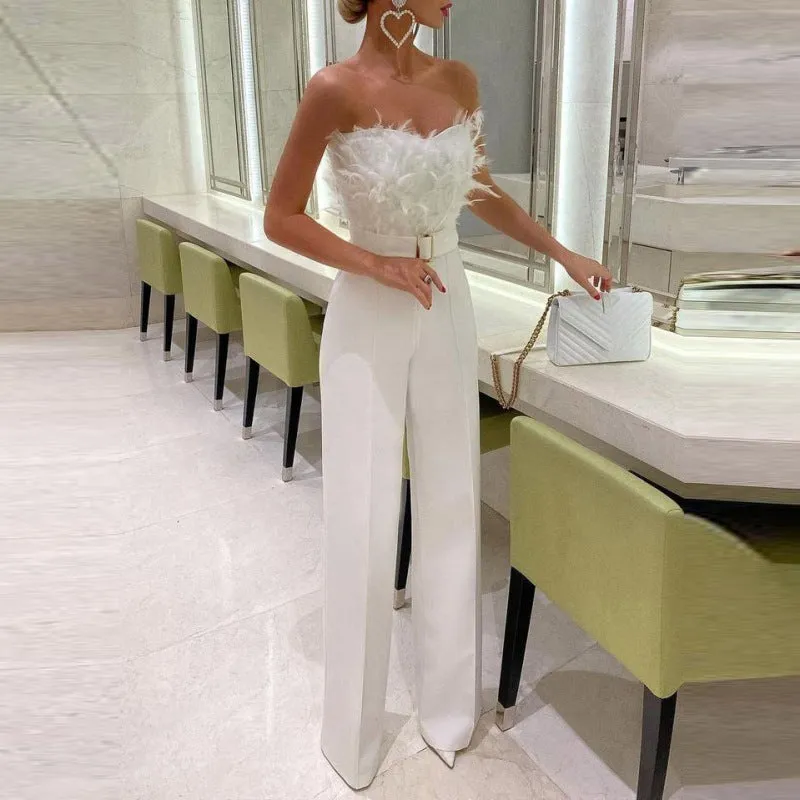 Girlie Fashion Feather Tube Sexy Jumpsuit