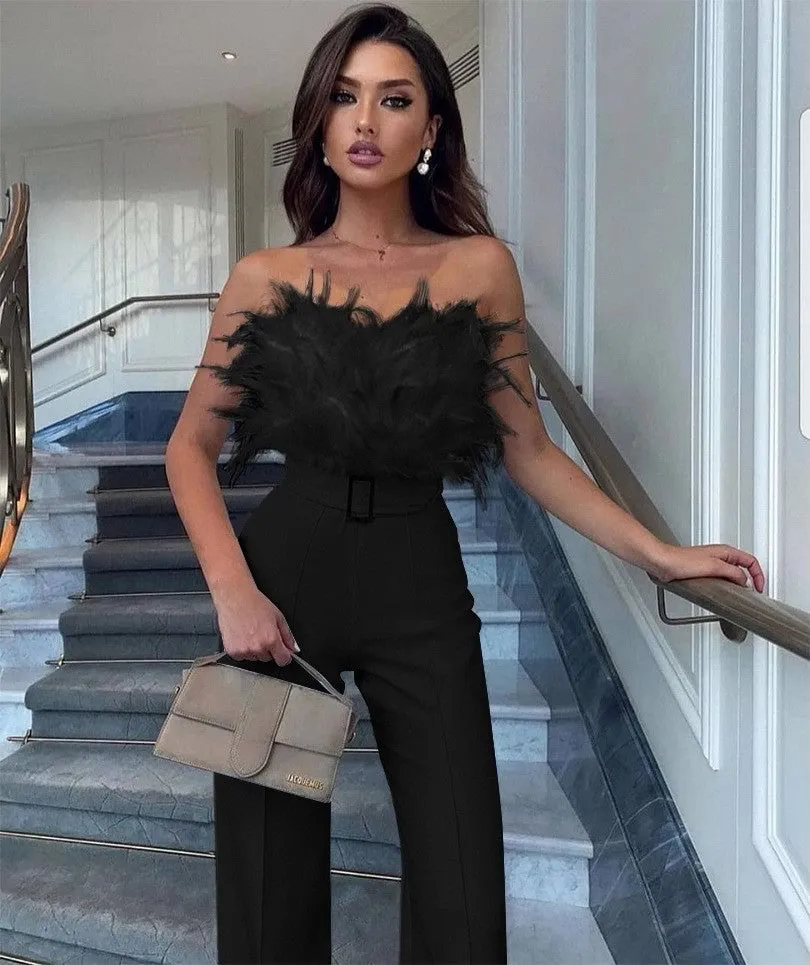 Girlie Fashion Feather Tube Sexy Jumpsuit