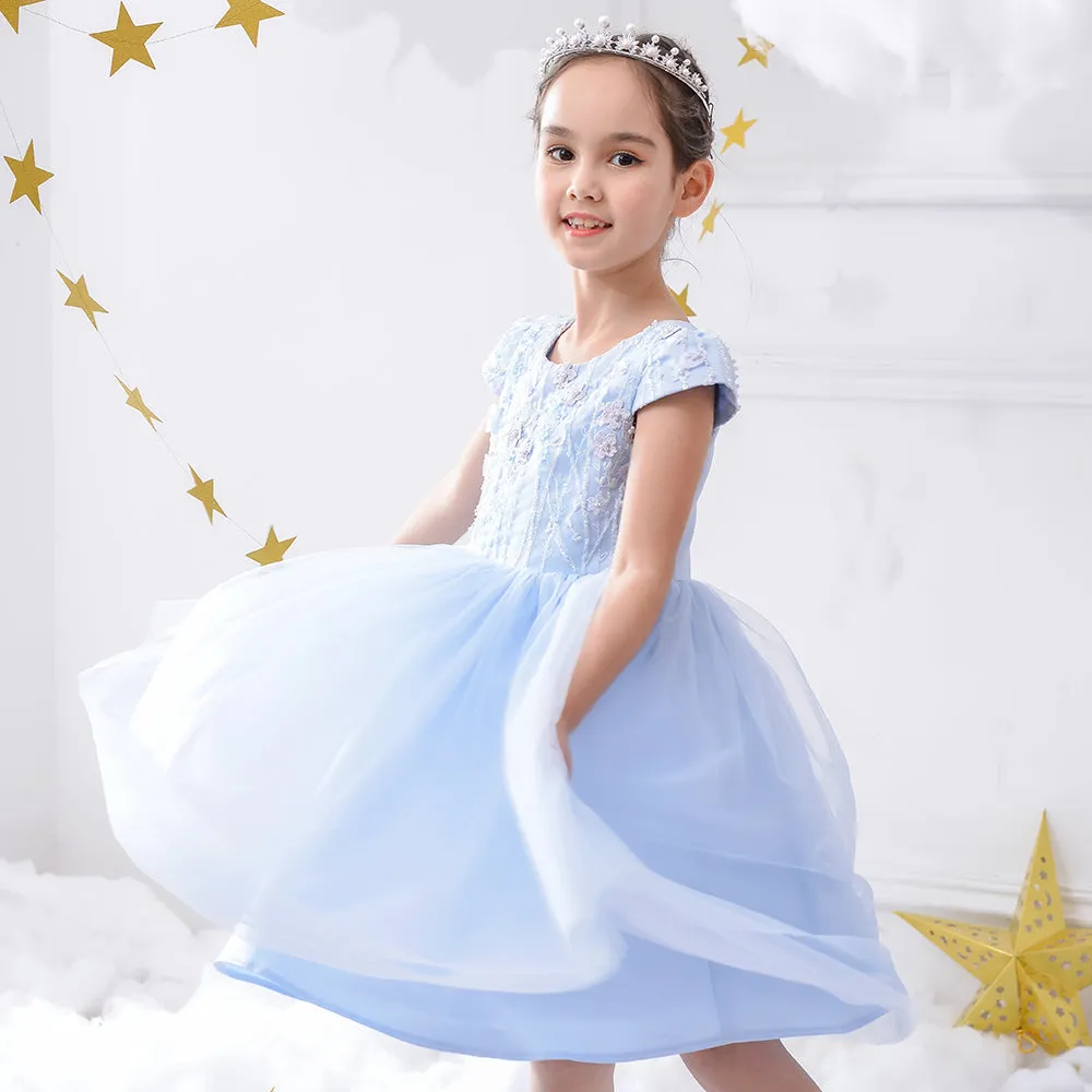 Girls Party Dress Lace Embroidery Blue