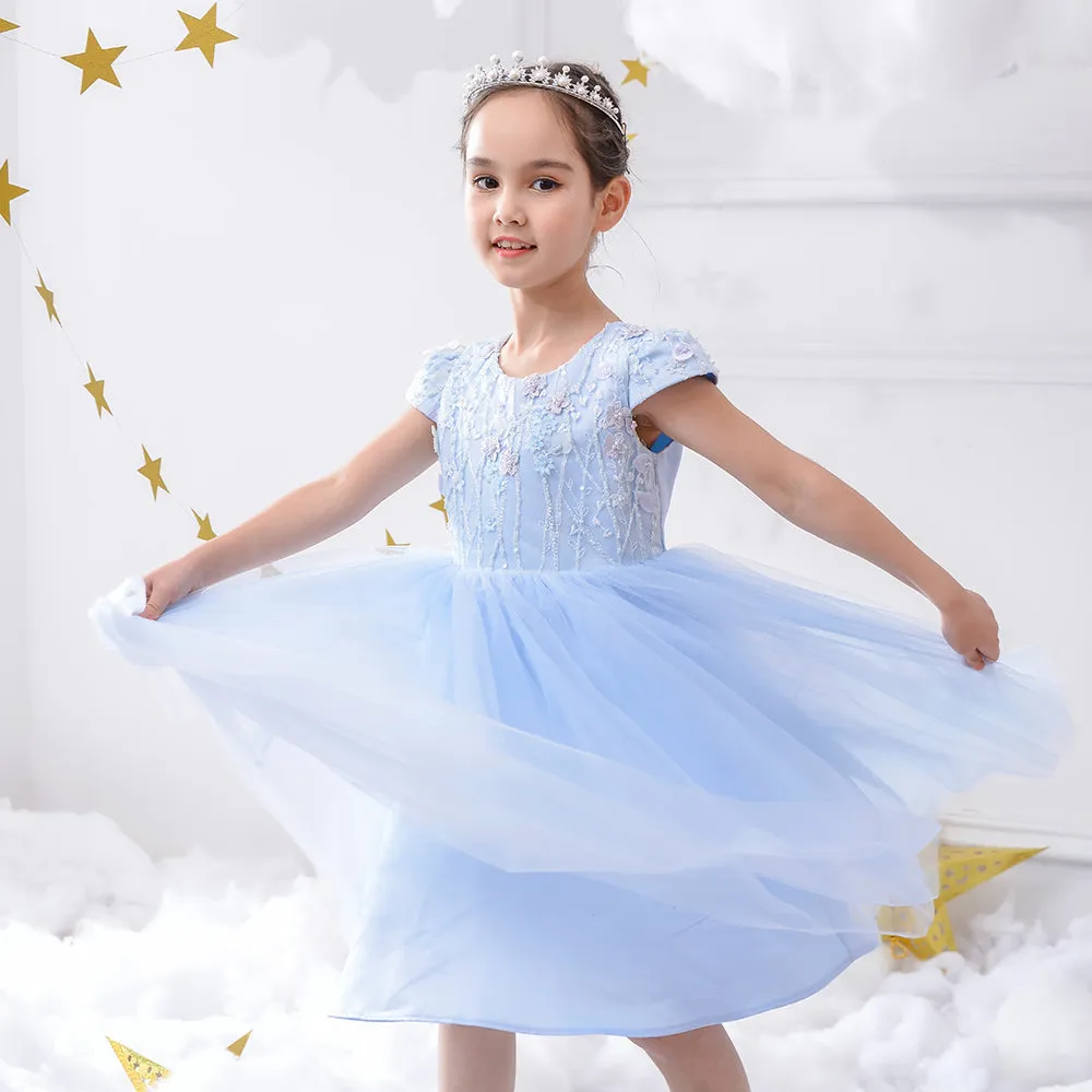 Girls Party Dress Lace Embroidery Blue