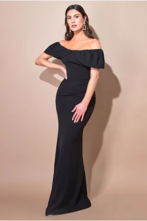 Goddiva Scuba Crepe Pleated Bardot Maxi - Black