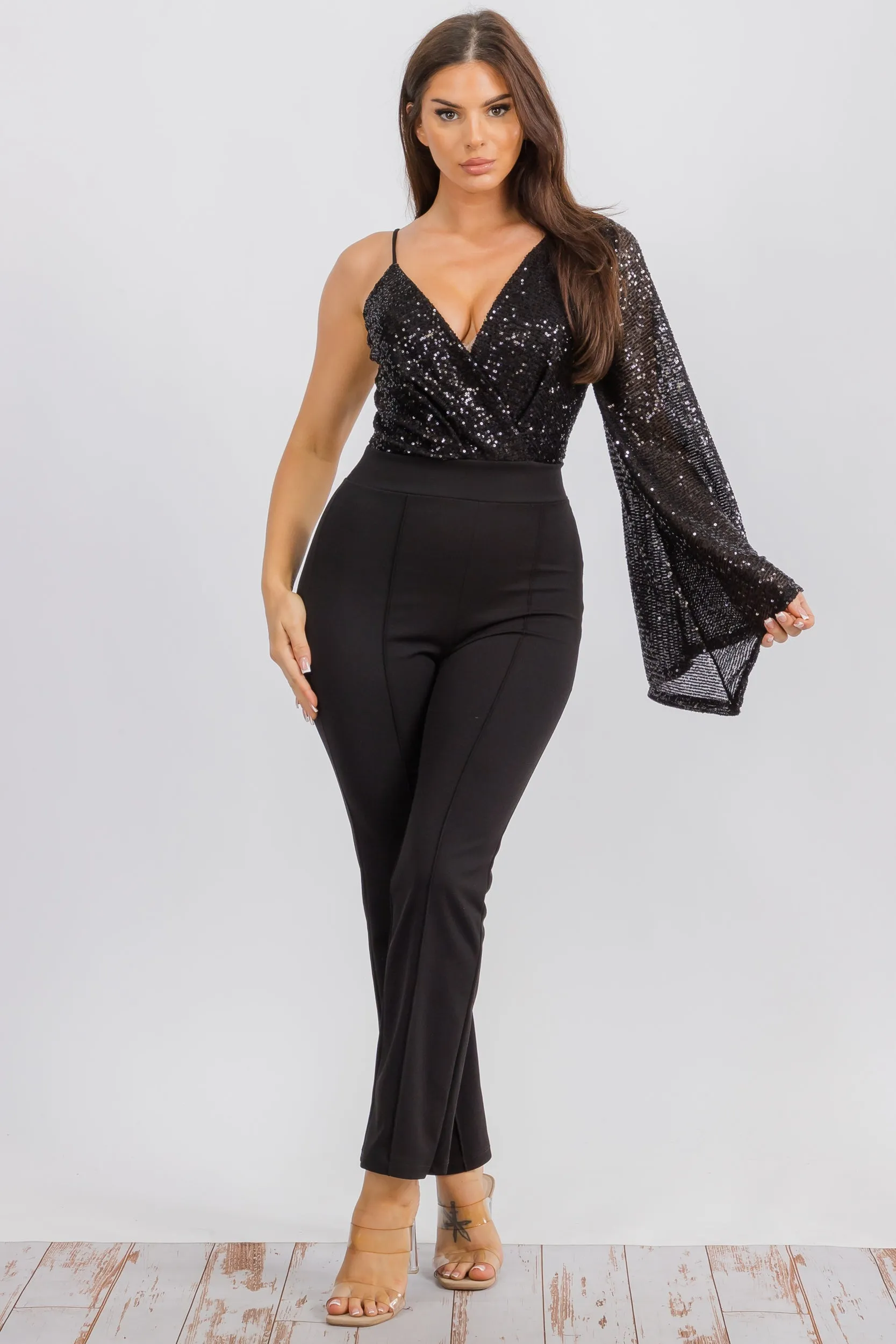 HH742X-S Jumpsuit with a Sequin, V-neck Wrap-style Bodice Plus Size