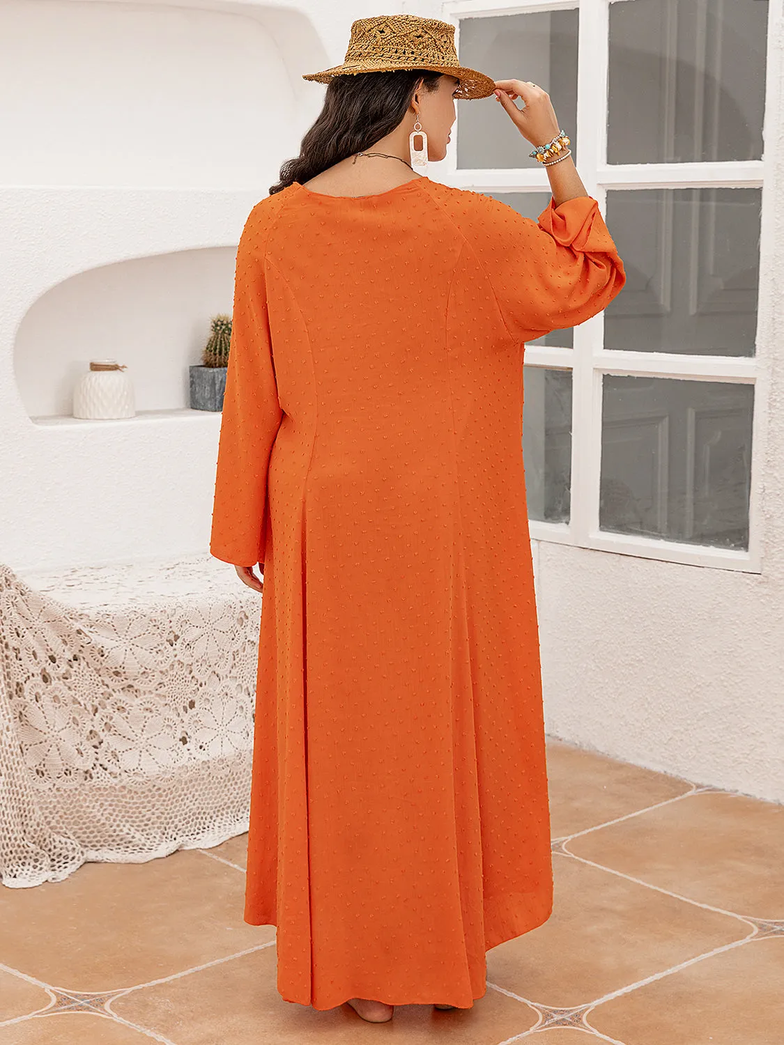 Island Sunset Plus Size Tie Neck Long Sleeve Slit Dress
