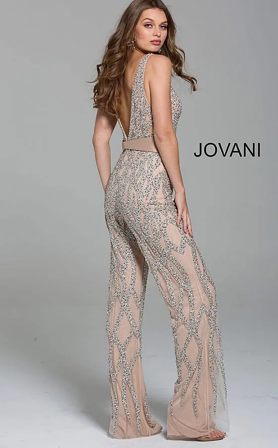 Jovani 61573 Size 4 Silver Nude Crystal Beaded Pageant Formal Couture Jumpsuit