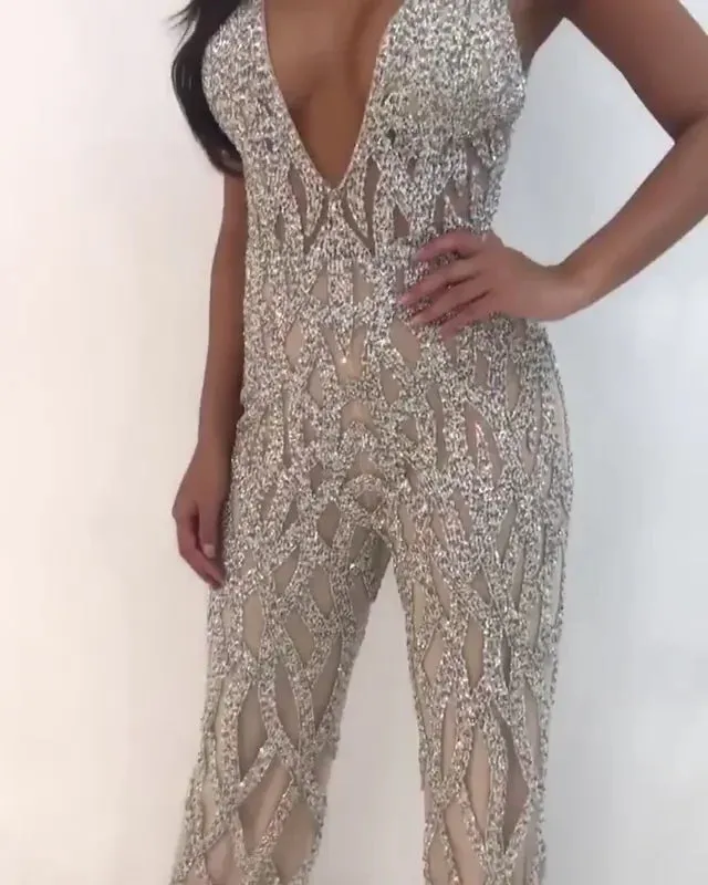Jovani 61573 Size 4 Silver Nude Crystal Beaded Pageant Formal Couture Jumpsuit