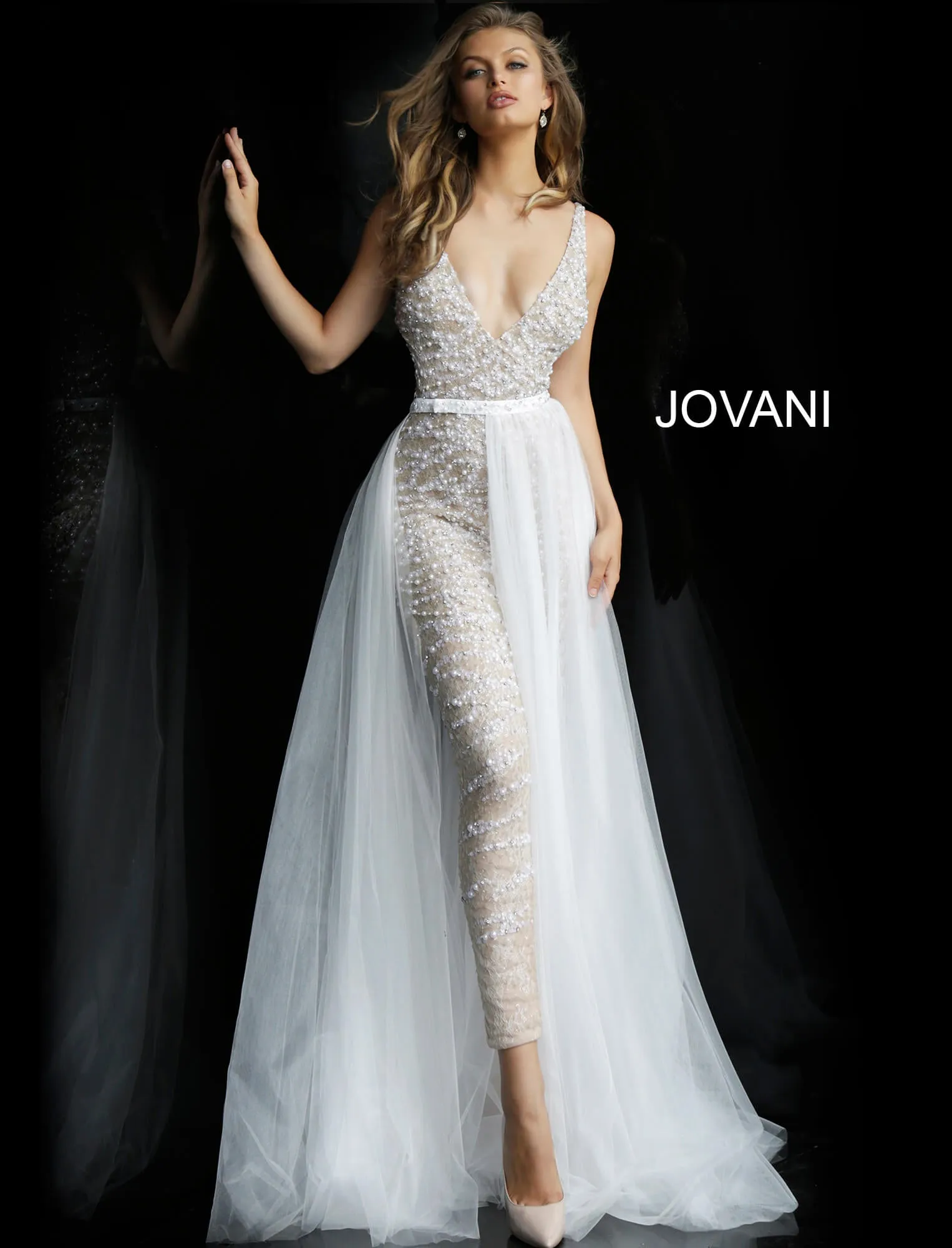 Jovani Bridal 60010 embellished v neckline jumpsuit tulle overskirt Pageant Wedding