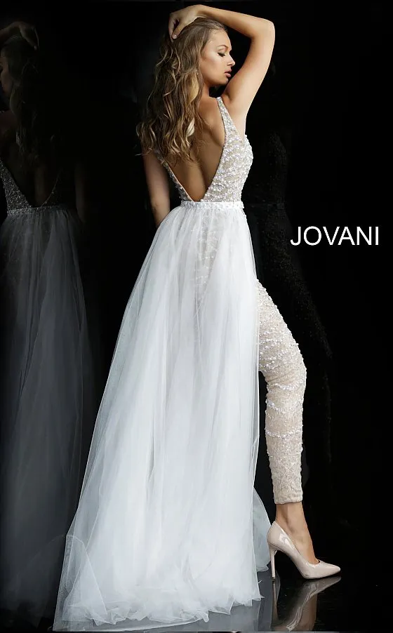 Jovani Bridal 60010 embellished v neckline jumpsuit tulle overskirt Pageant Wedding