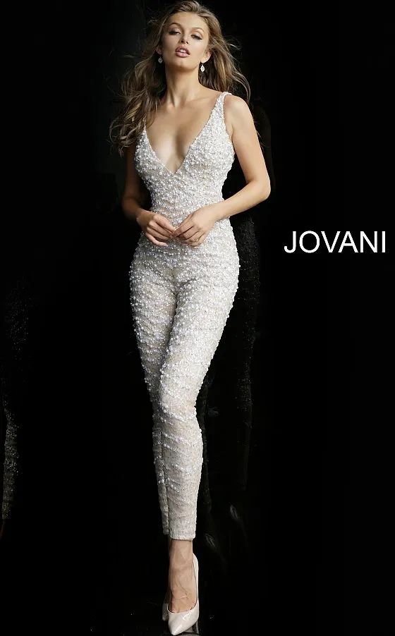 Jovani Bridal 60010 embellished v neckline jumpsuit tulle overskirt Pageant Wedding