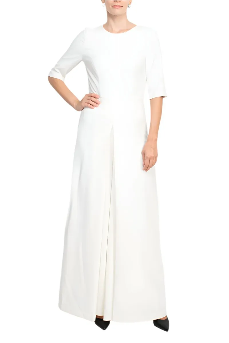 Kay Unger jewel neck elbow sleeve pleated front fitted bodice wide legs zipper back scuba crepe jumpsuit