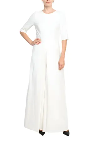 Kay Unger jewel neck elbow sleeve pleated front fitted bodice wide legs zipper back scuba crepe jumpsuit