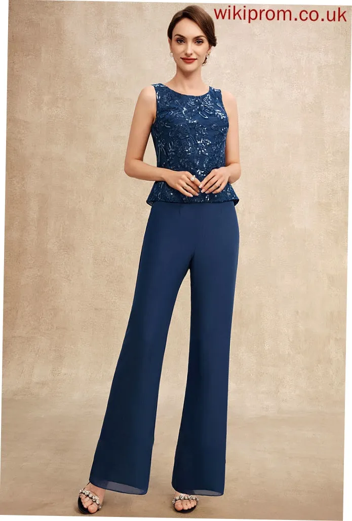 Kelsey Dress Lace Neck Sequins Floor-Length Scoop of Mother of the Bride Dresses Bride Mother the Jumpsuit/Pantsuit Chiffon With