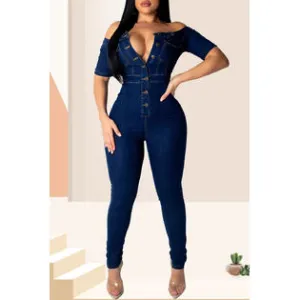 Ketty More Women Button Up Off Shoulder Slim Fit Denim Jumpsuit-WJC63547