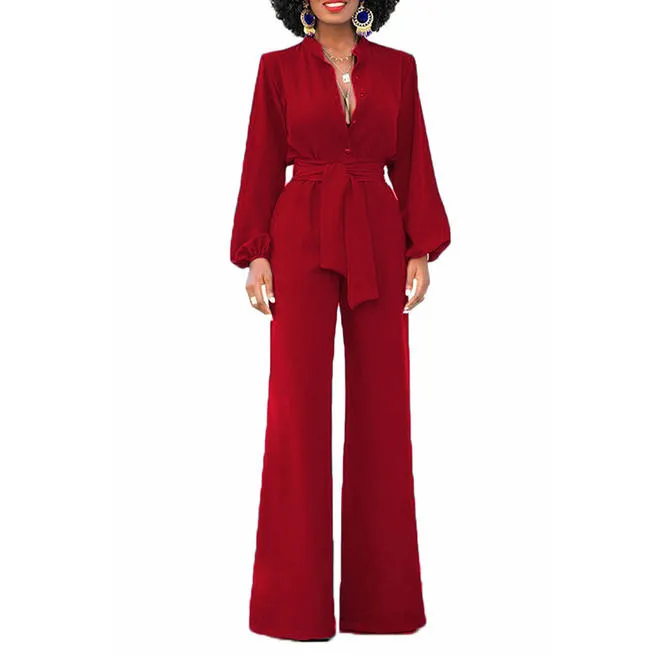 Ketty More Women Solid Color Waistband Button Closure Loose Fit Trouser Jumpsuit-KMWDC63650