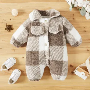 Khaki Plaid Fluffy Fleece Baby Lapel Long-sleeve Jumpsuit