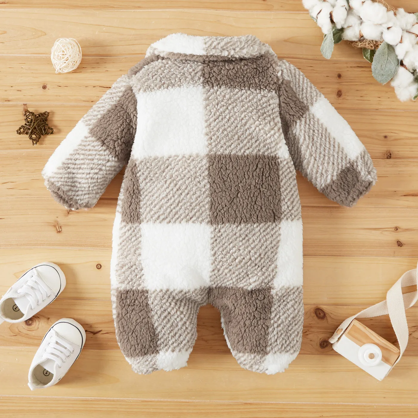 Khaki Plaid Fluffy Fleece Baby Lapel Long-sleeve Jumpsuit