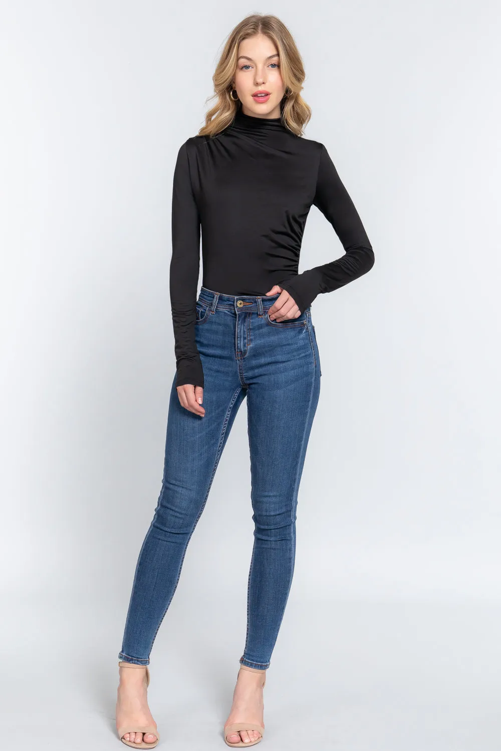 Long Sleeve High Neck Shirring Detail Ity Knit Bodysuit - 3 colors