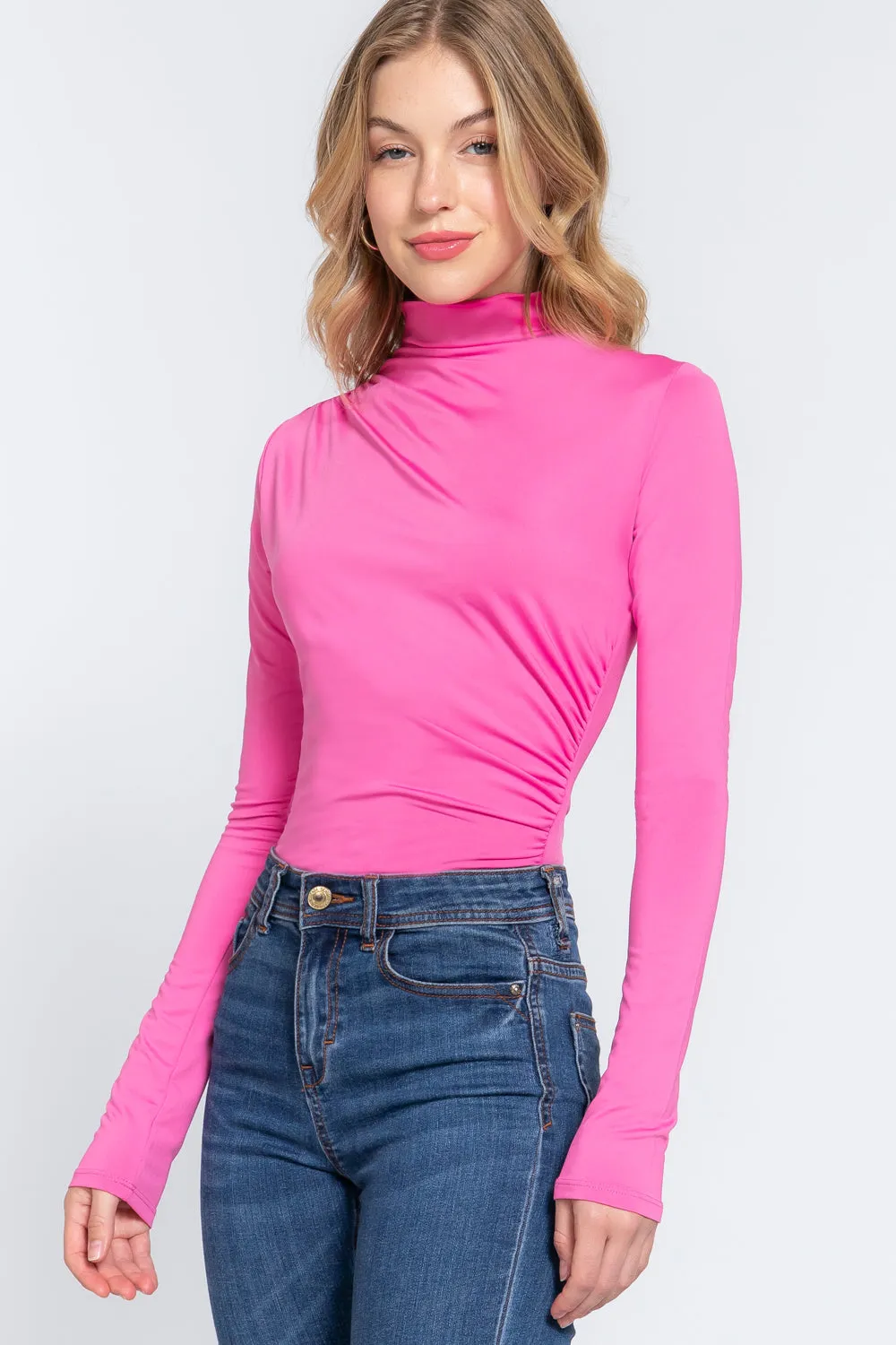 Long Sleeve High Neck Shirring Detail Ity Knit Bodysuit - 3 colors