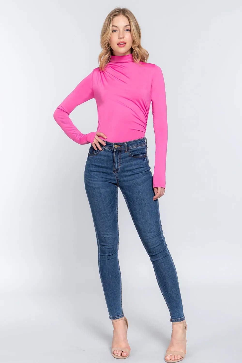 Long Sleeve High Neck Shirring Detail Ity Knit Bodysuit - 3 colors