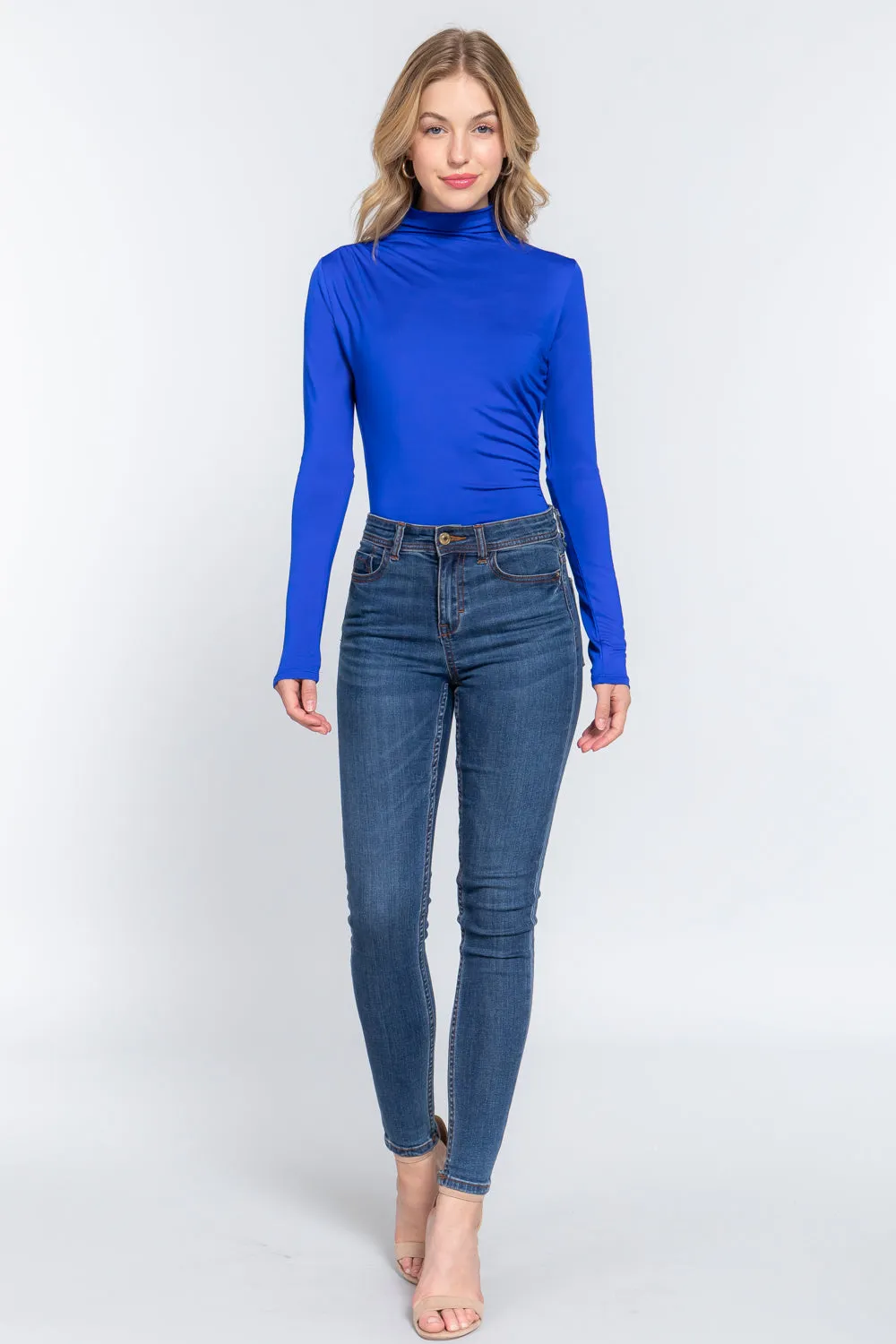 Long Sleeve High Neck Shirring Detail Ity Knit Bodysuit - 3 colors