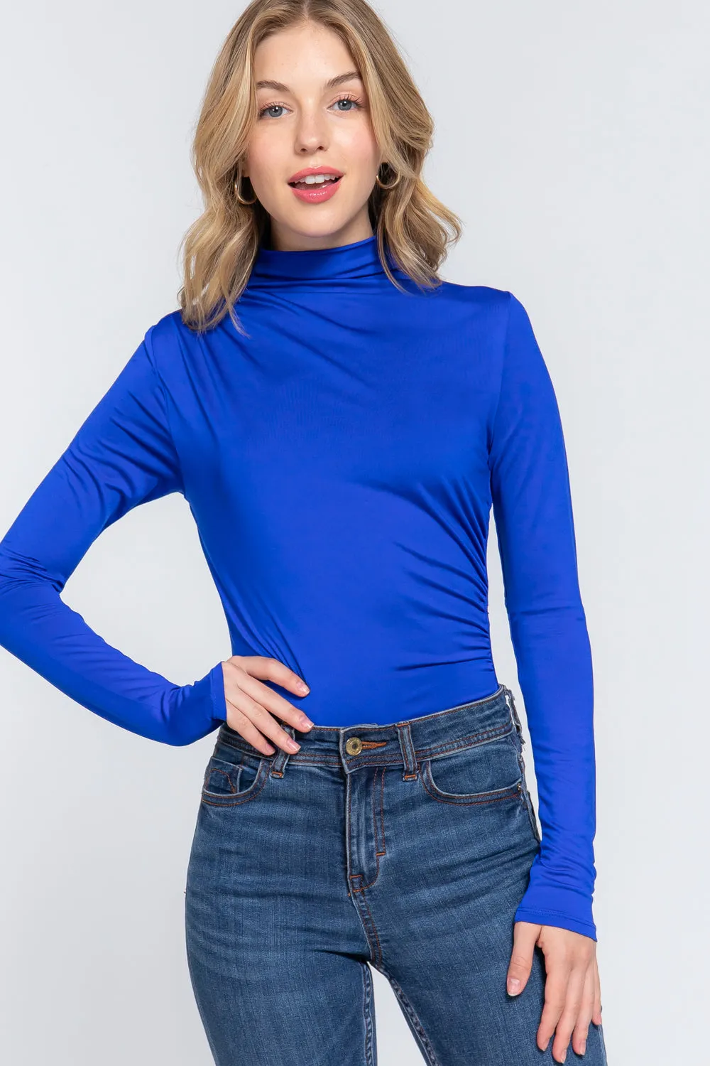 Long Sleeve High Neck Shirring Detail Ity Knit Bodysuit - 3 colors