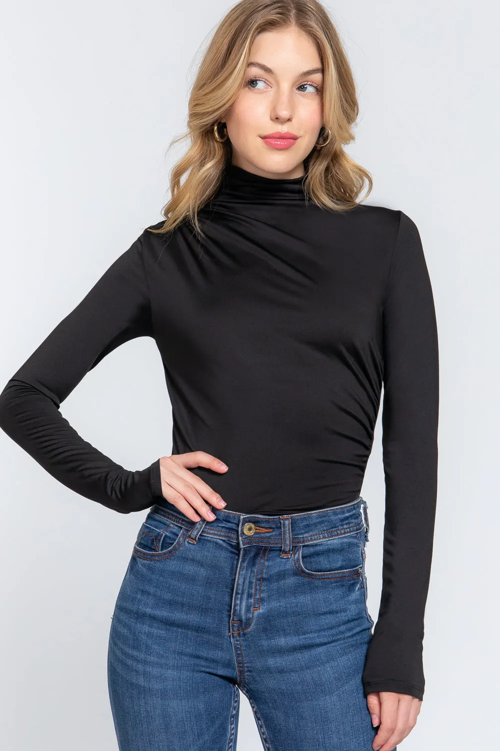 Long Sleeve High Neck Shirring Detail Ity Knit Bodysuit - 3 colors