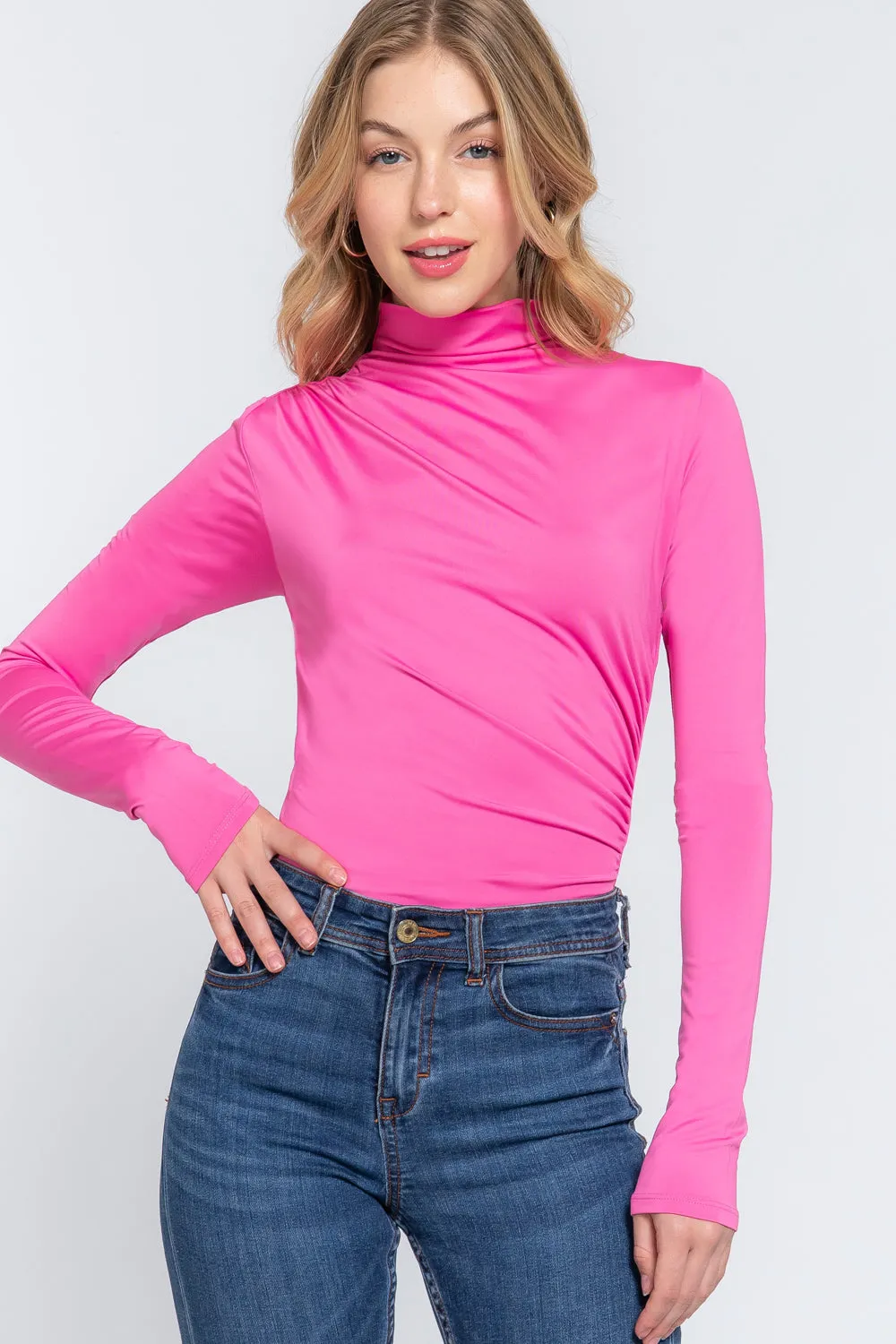 Long Sleeve High Neck Shirring Detail Ity Knit Bodysuit - 3 colors
