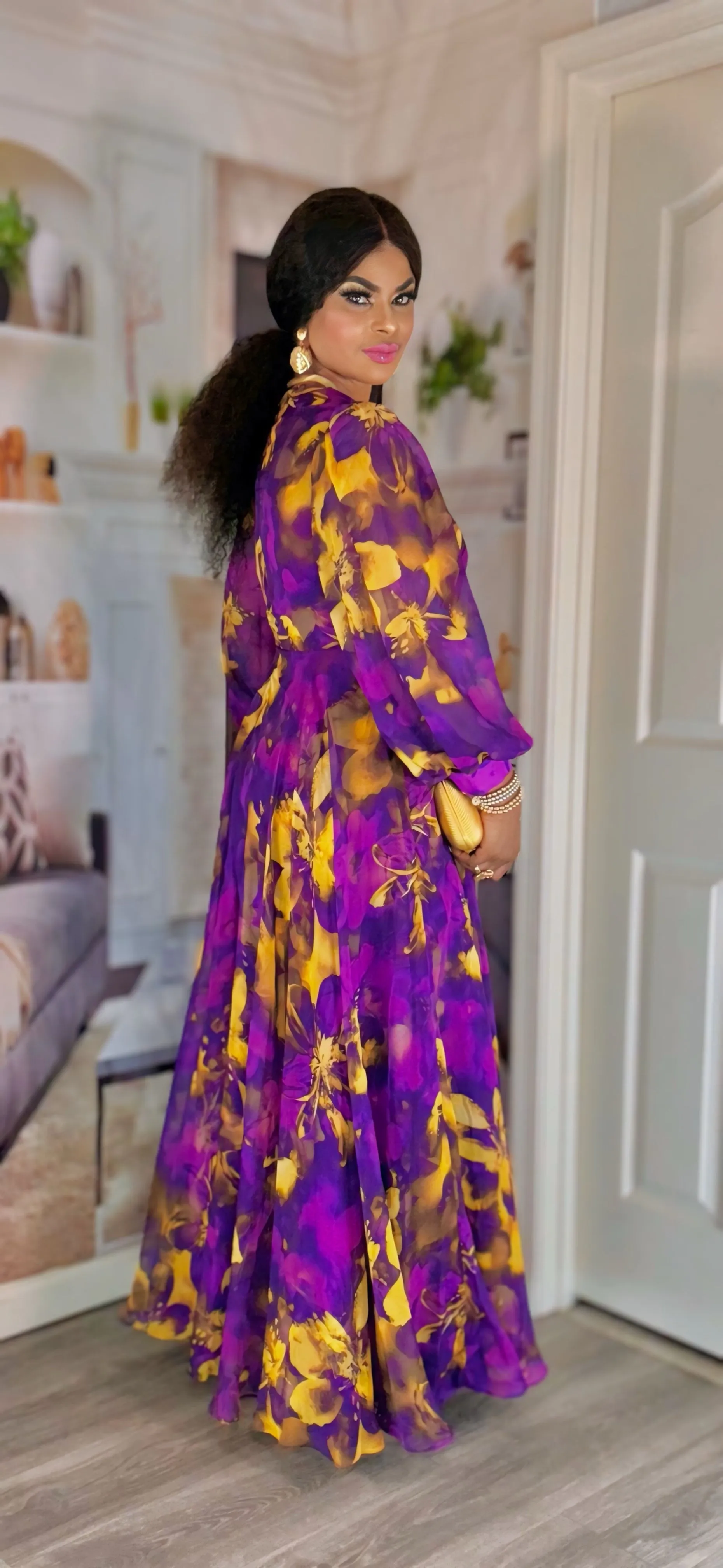LONGSLEEVE FLOOR LENGTH MAXI DRESS(purple/Gold)