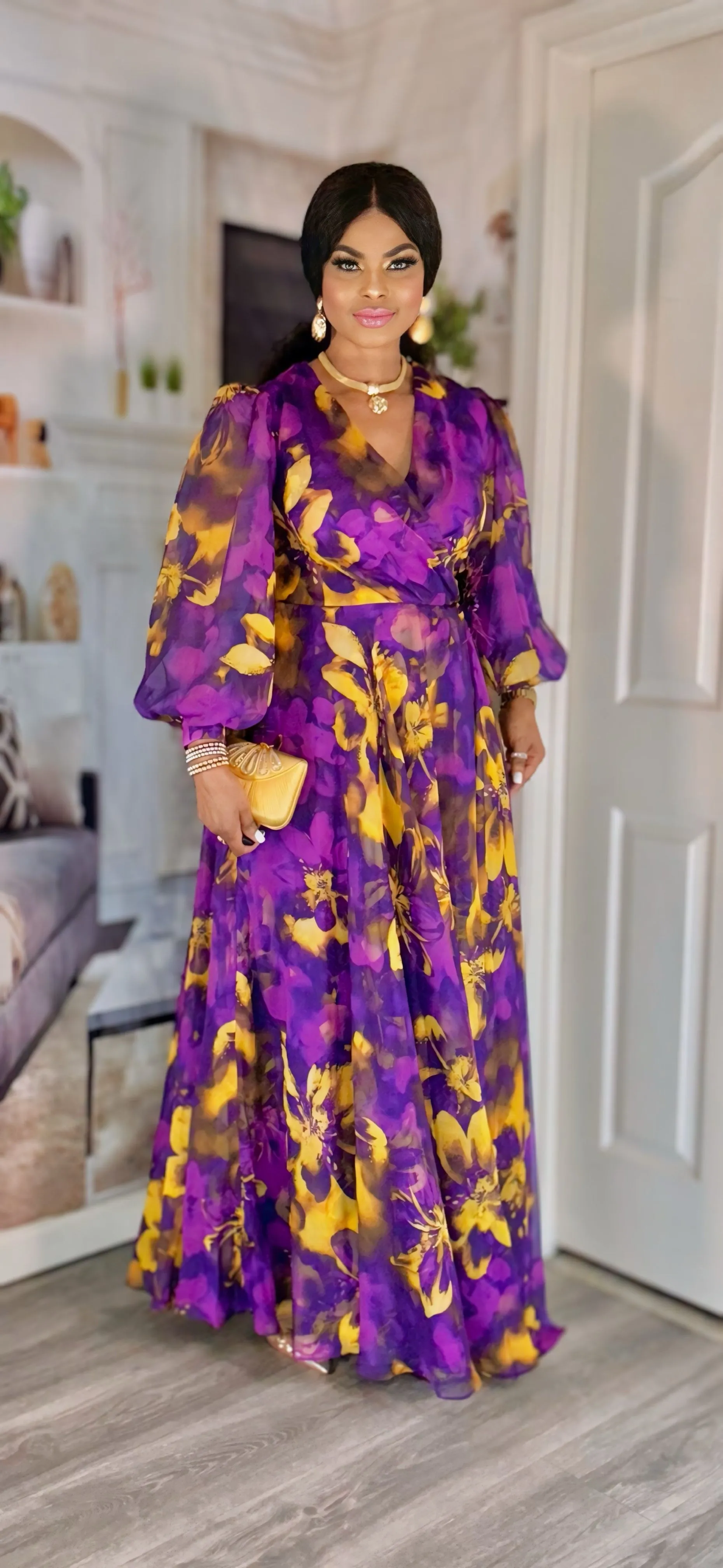 LONGSLEEVE FLOOR LENGTH MAXI DRESS(purple/Gold)