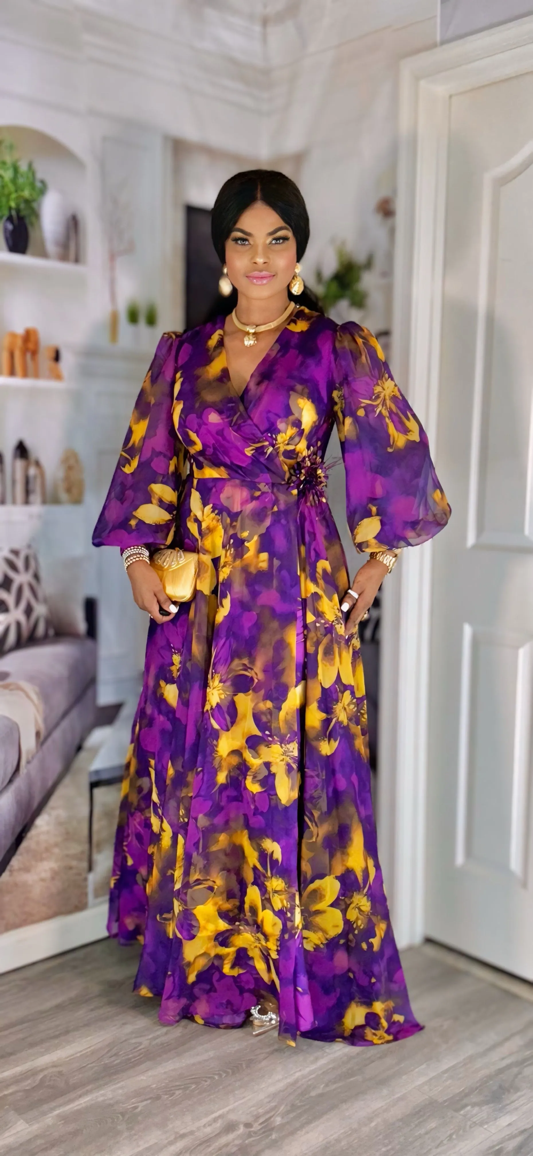LONGSLEEVE FLOOR LENGTH MAXI DRESS(purple/Gold)