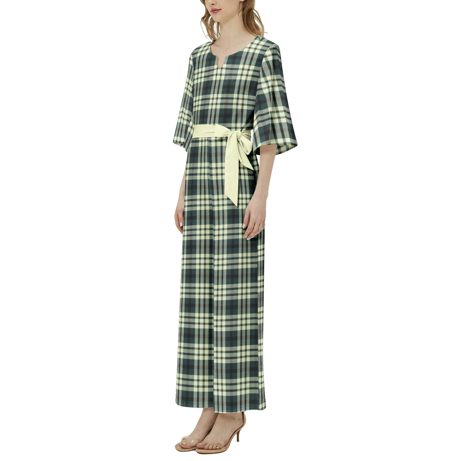 M Kemp Storm Green and Wheat Plaid Dolman Sleeve Belted Wide Leg Jumpsuit