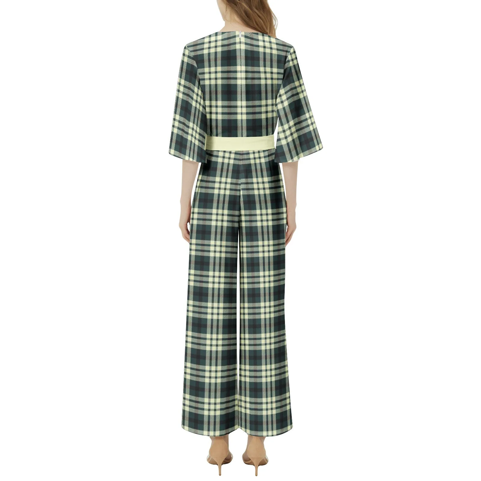 M Kemp Storm Green and Wheat Plaid Dolman Sleeve Belted Wide Leg Jumpsuit