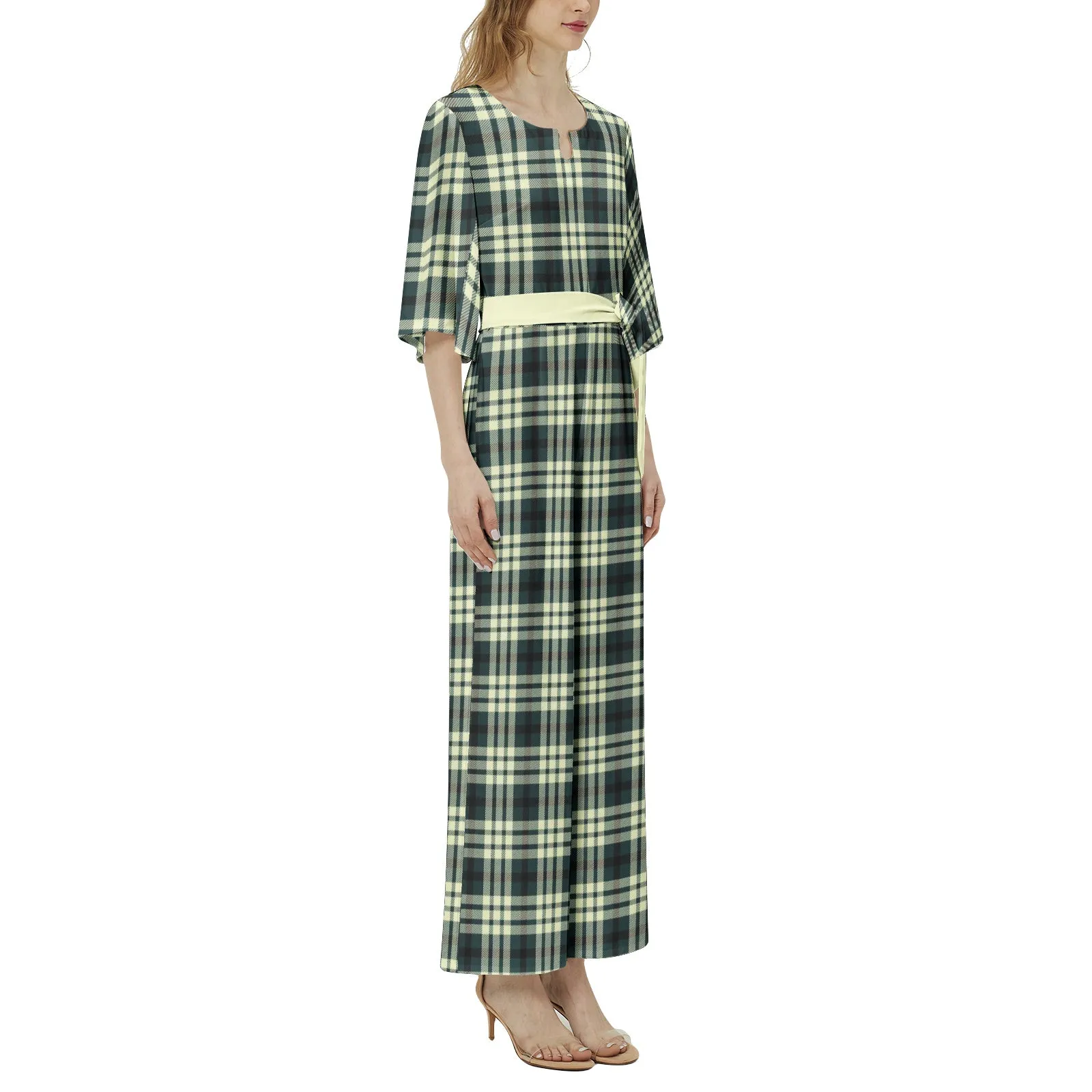 M Kemp Storm Green and Wheat Plaid Dolman Sleeve Belted Wide Leg Jumpsuit