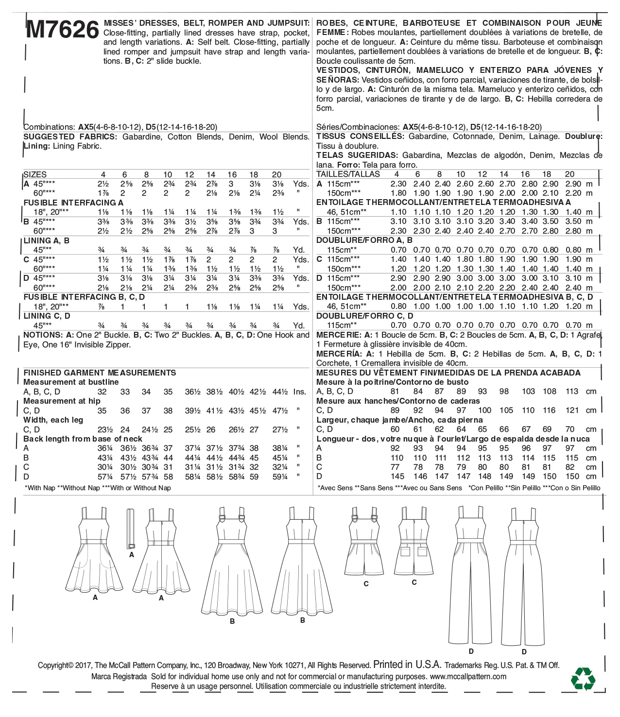 M7626 Misses' Dresses, Belt, Romper, and Jumpsuit with Pockets