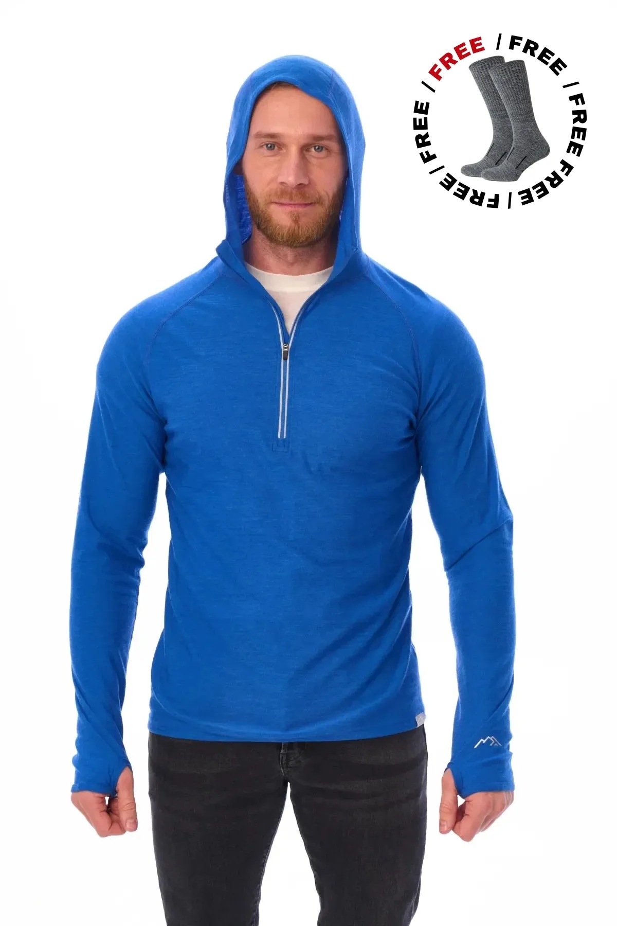 Men's Merino Wool Half Zip Hoodie 190 Cobalt Blue