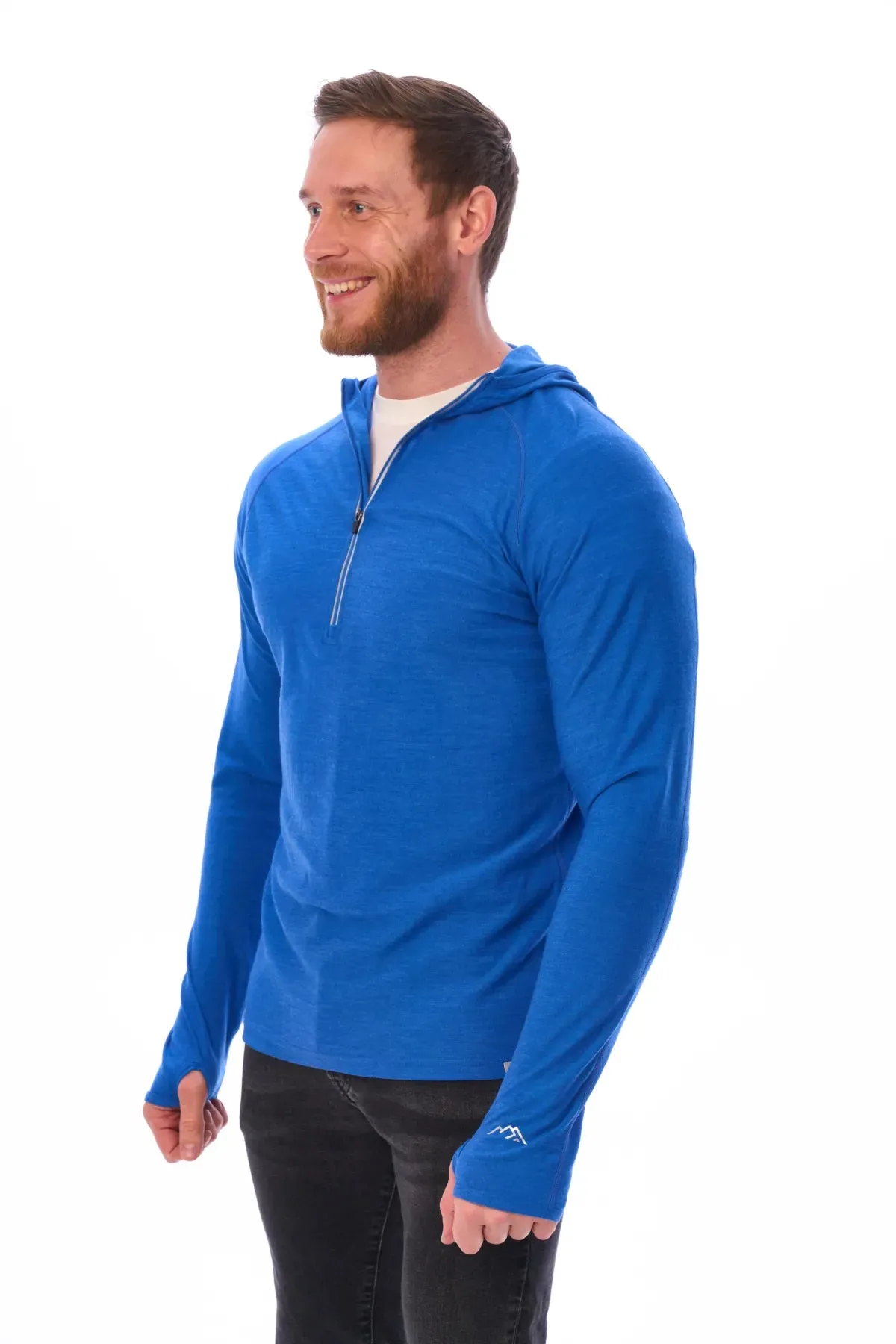 Men's Merino Wool Half Zip Hoodie 190 Cobalt Blue