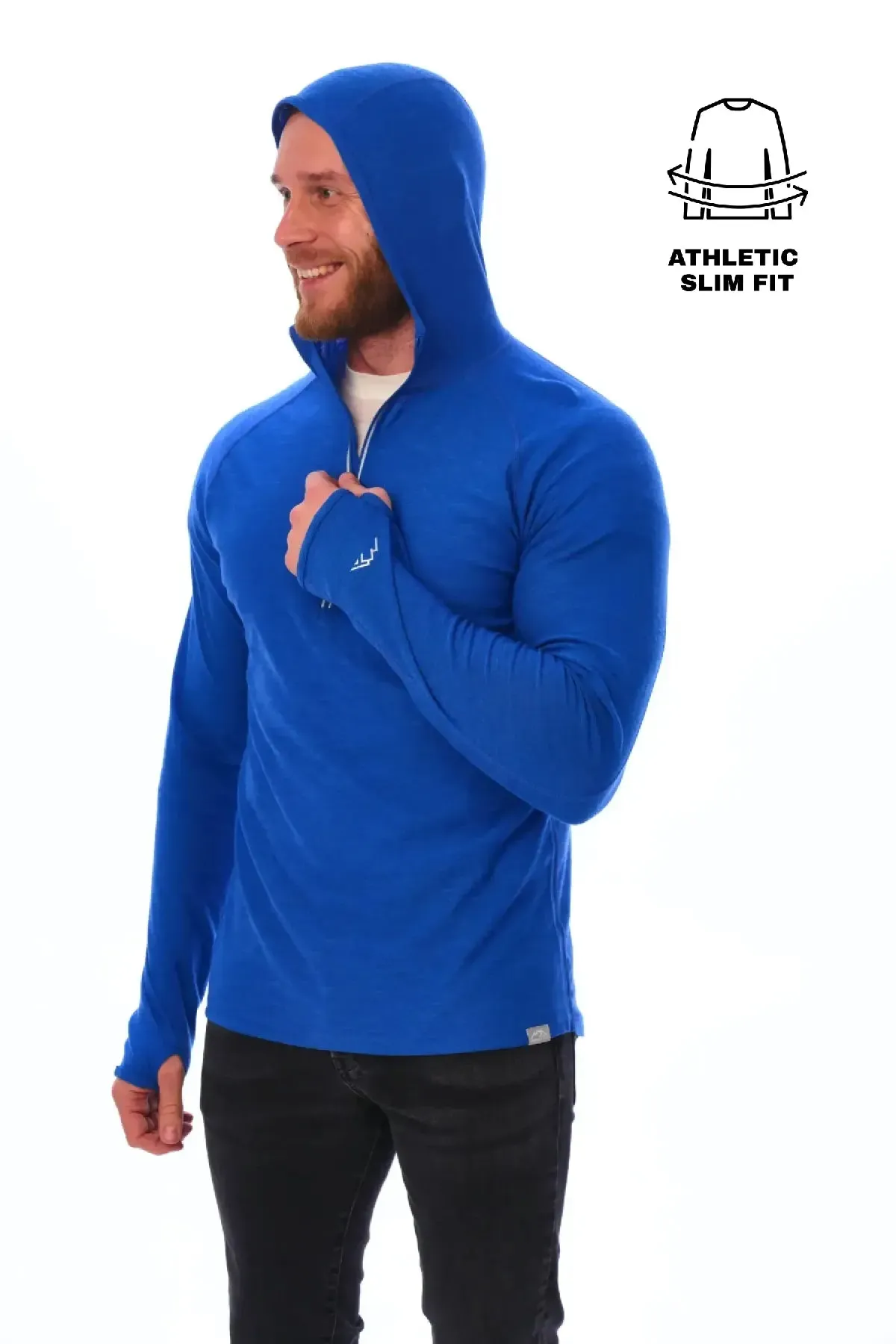 Men's Merino Wool Half Zip Hoodie 190 Cobalt Blue