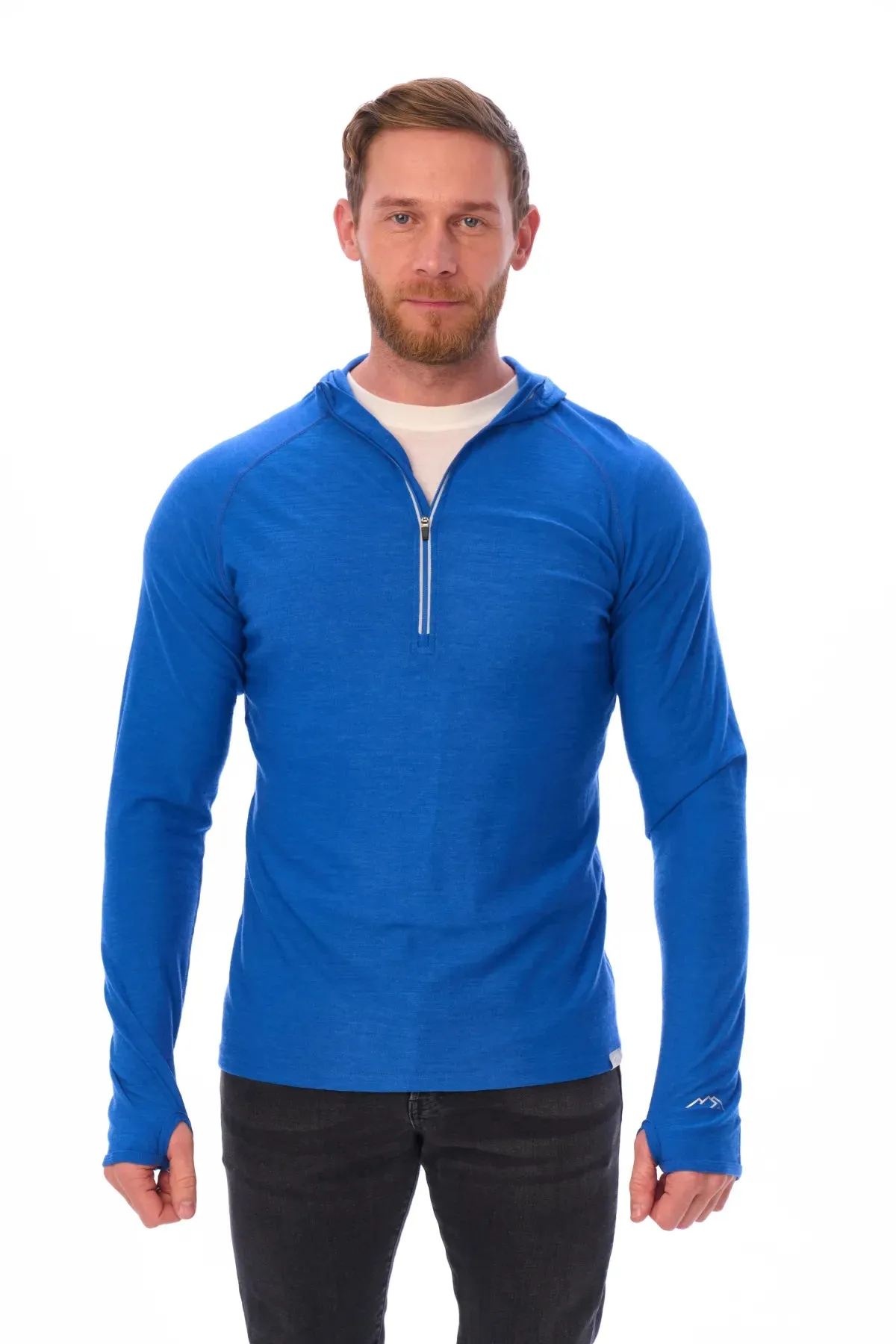 Men's Merino Wool Half Zip Hoodie 190 Cobalt Blue