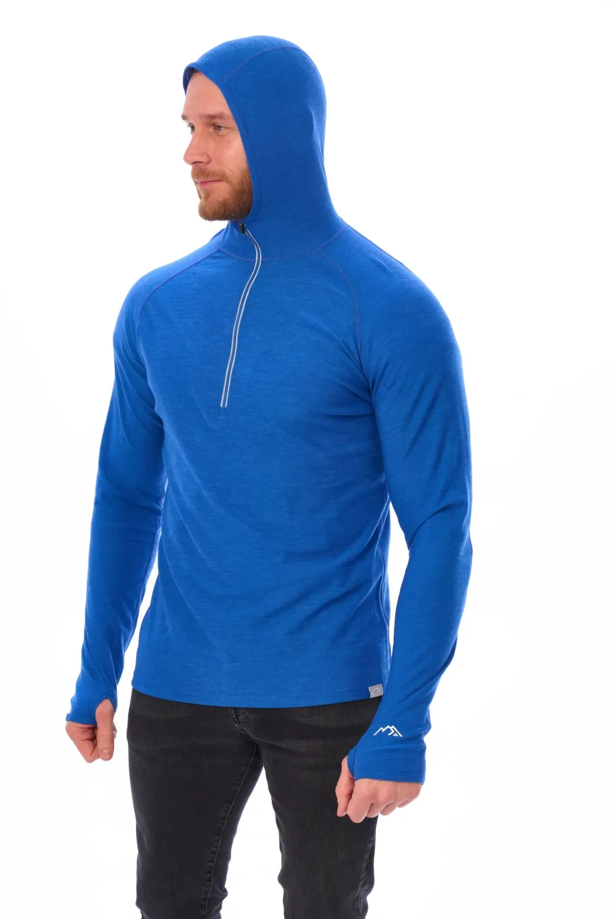Men's Merino Wool Half Zip Hoodie 190 Cobalt Blue