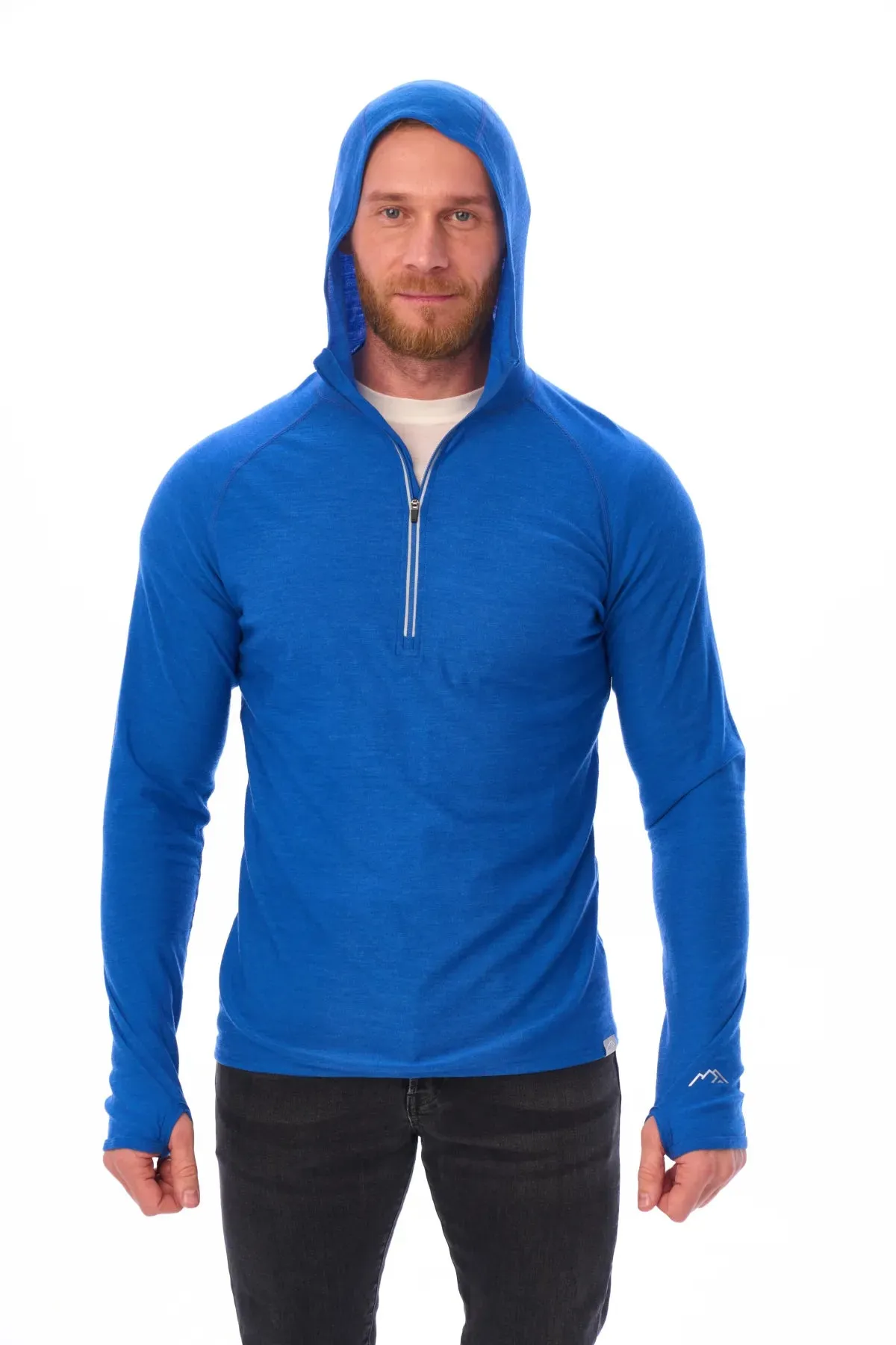 Men's Merino Wool Half Zip Hoodie 190 Cobalt Blue