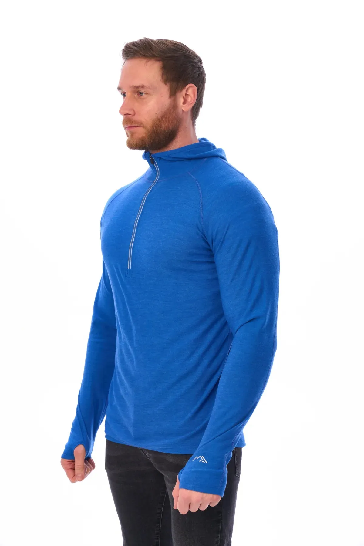 Men's Merino Wool Half Zip Hoodie 190 Cobalt Blue