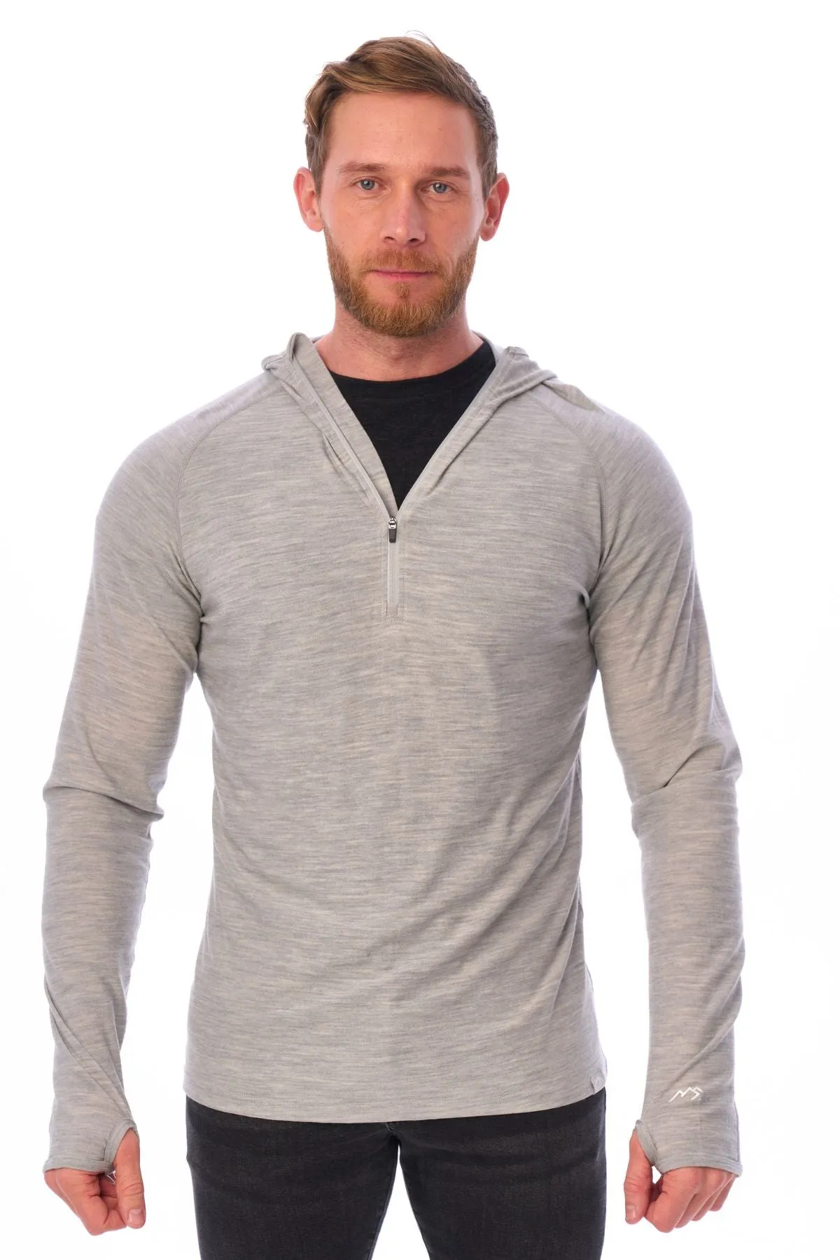 Men's Merino Wool Half Zip Hoodie 190 Heather Grey