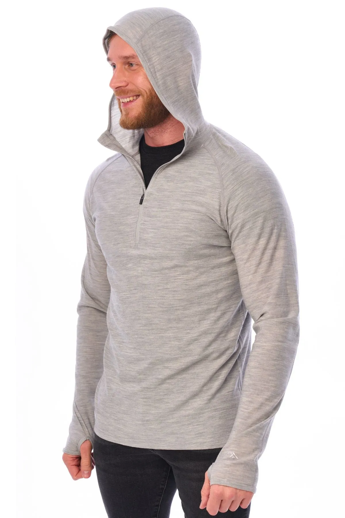 Men's Merino Wool Half Zip Hoodie 190 Heather Grey