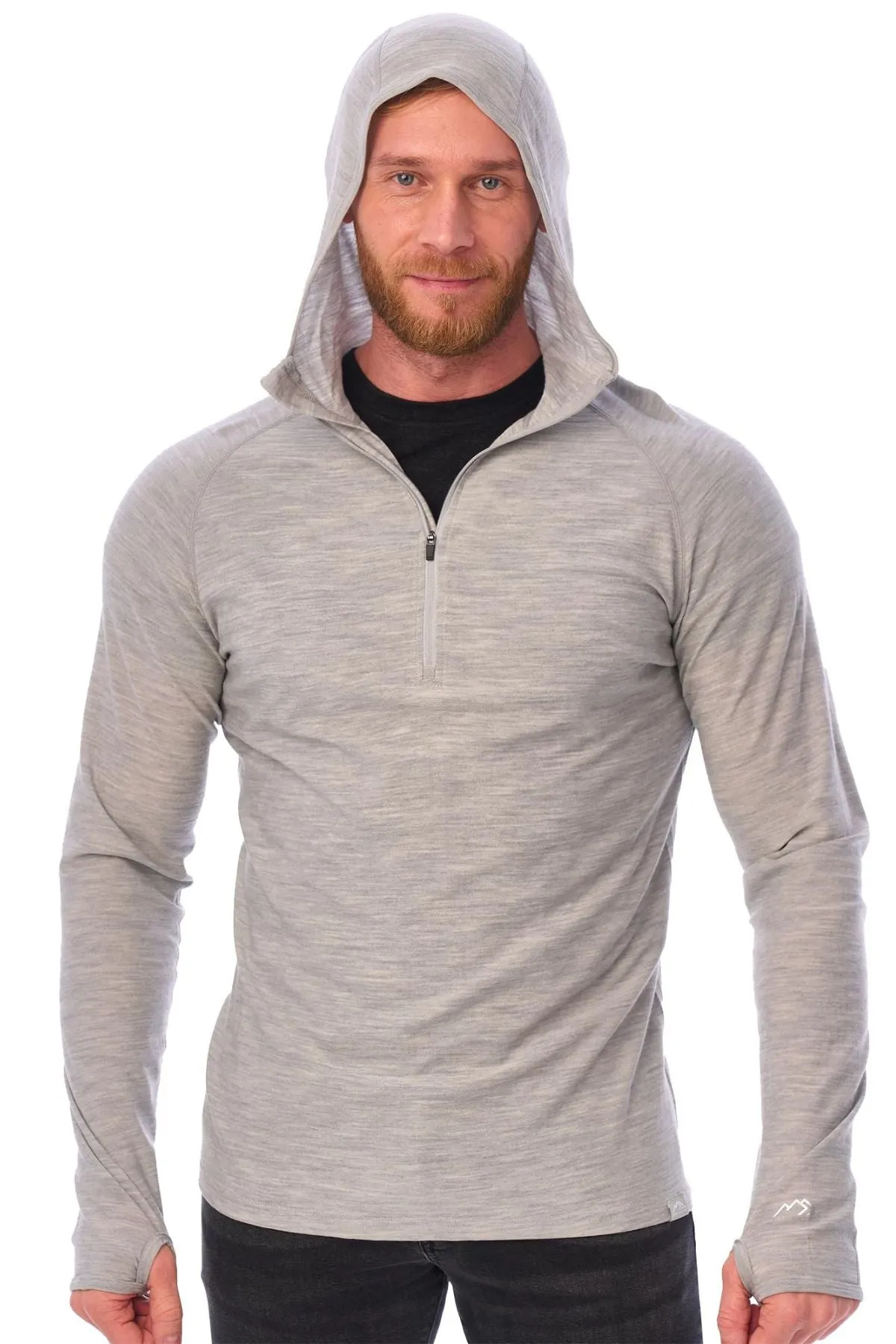 Men's Merino Wool Half Zip Hoodie 190 Heather Grey
