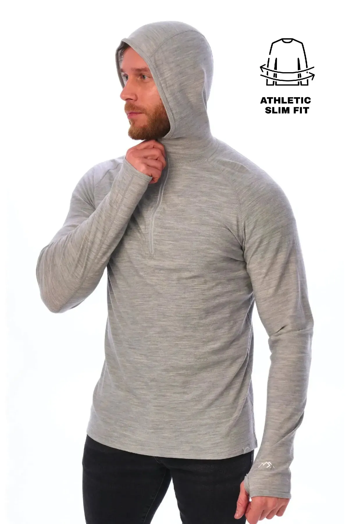 Men's Merino Wool Half Zip Hoodie 190 Heather Grey