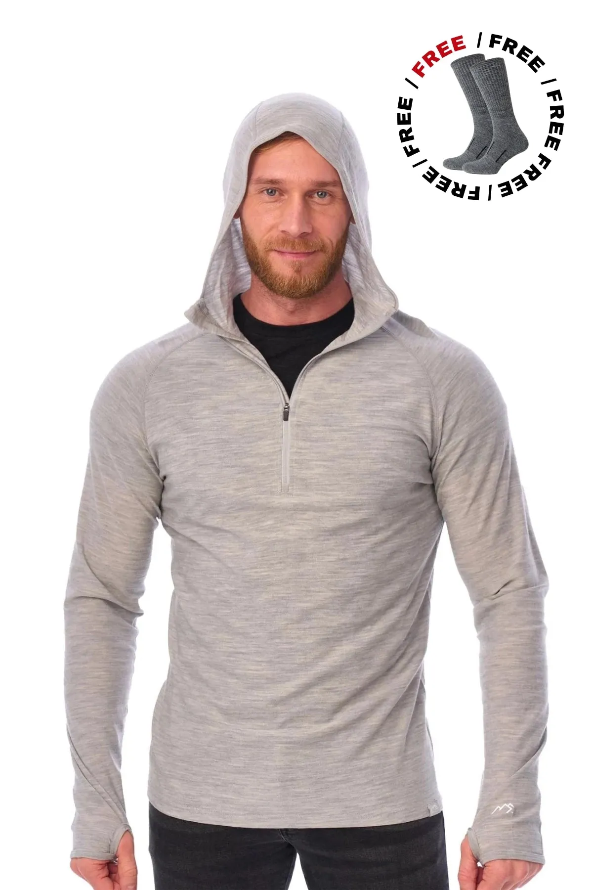Men's Merino Wool Half Zip Hoodie 190 Heather Grey