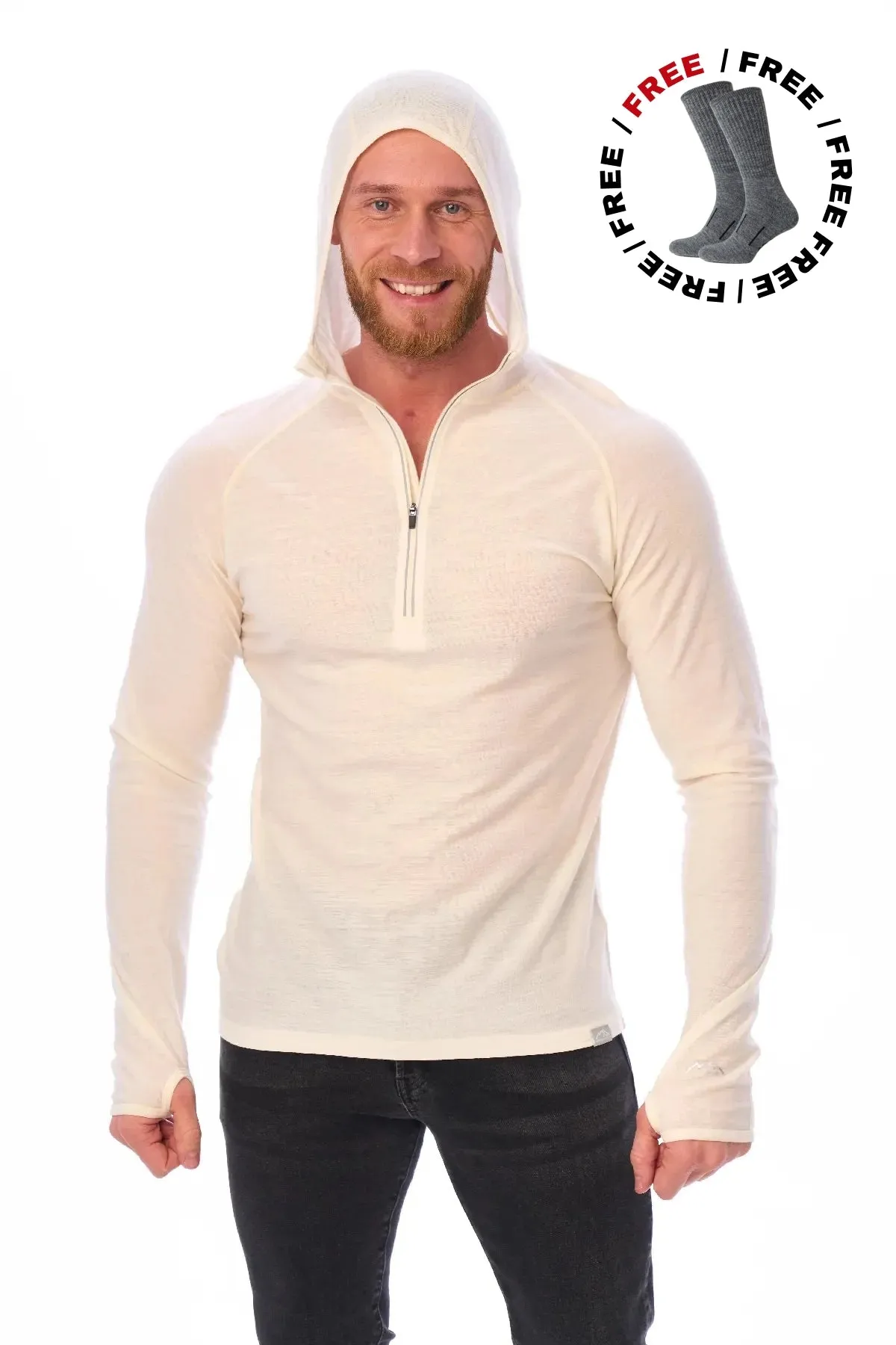 Men's Merino Wool Half Zip Hoodie 190 Off White