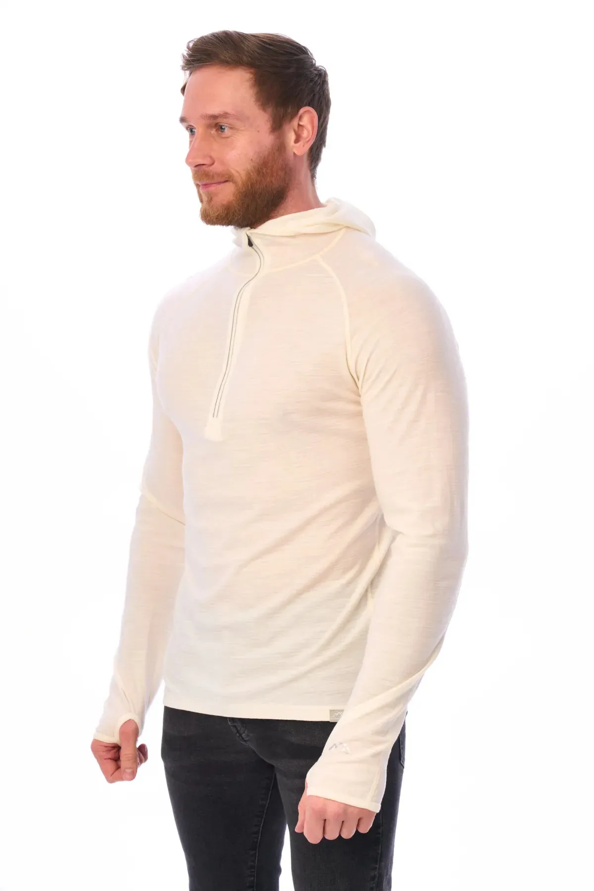 Men's Merino Wool Half Zip Hoodie 190 Off White