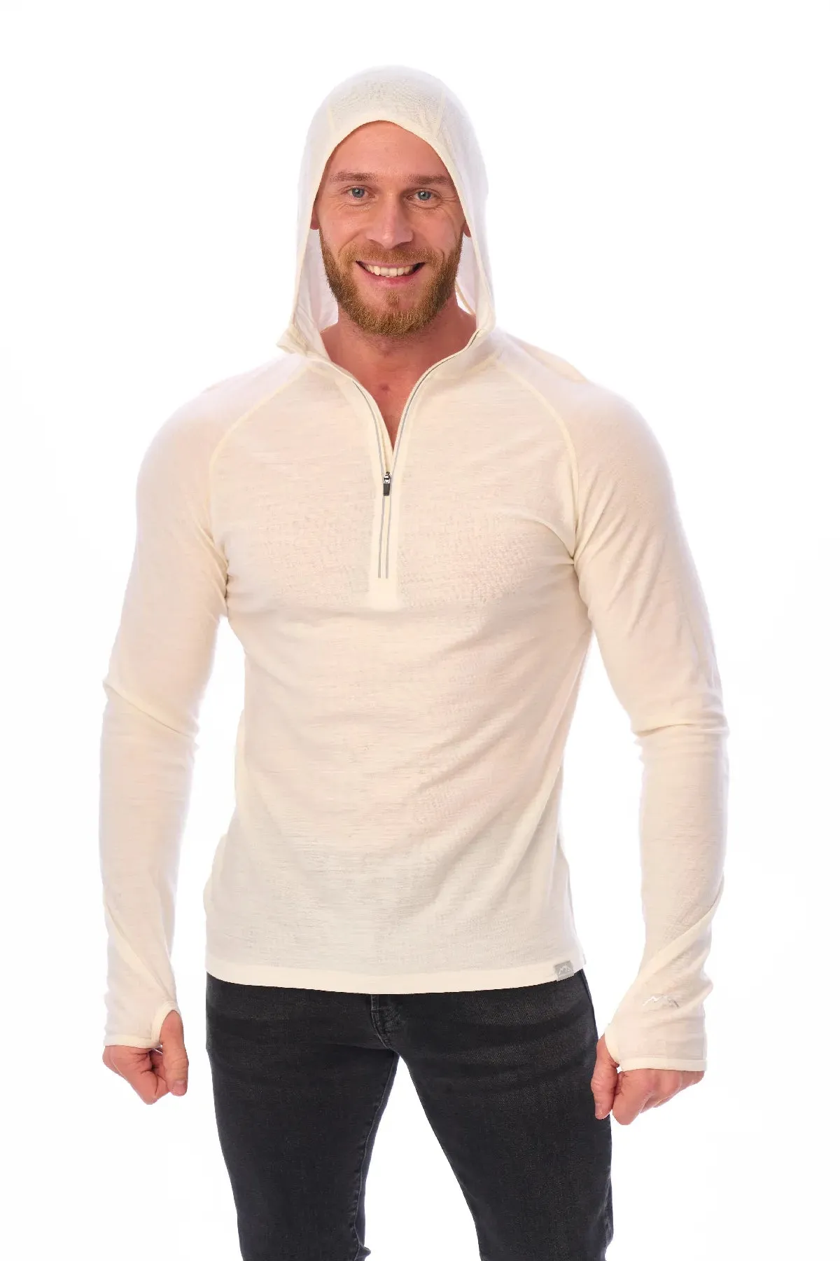 Men's Merino Wool Half Zip Hoodie 190 Off White