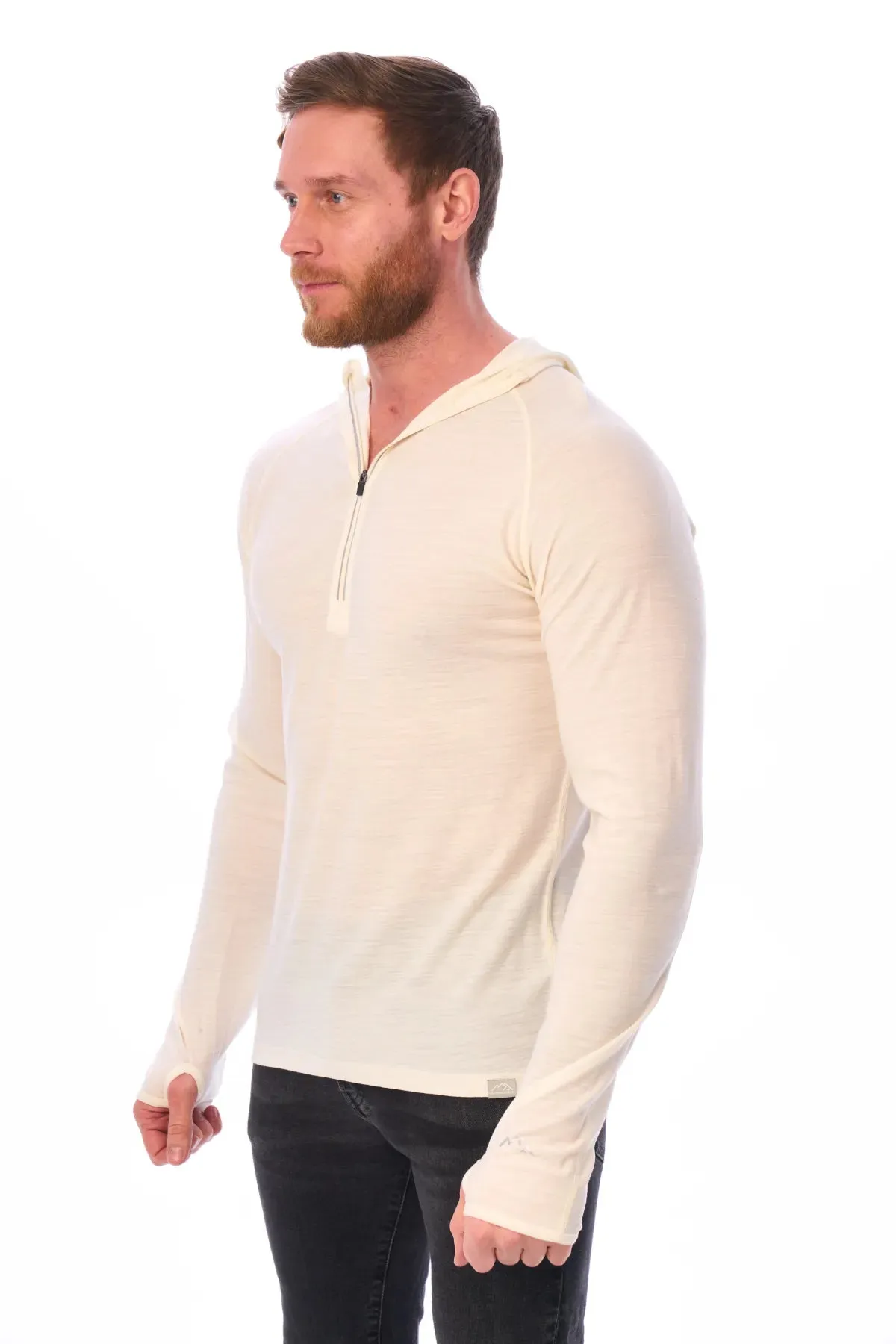 Men's Merino Wool Half Zip Hoodie 190 Off White