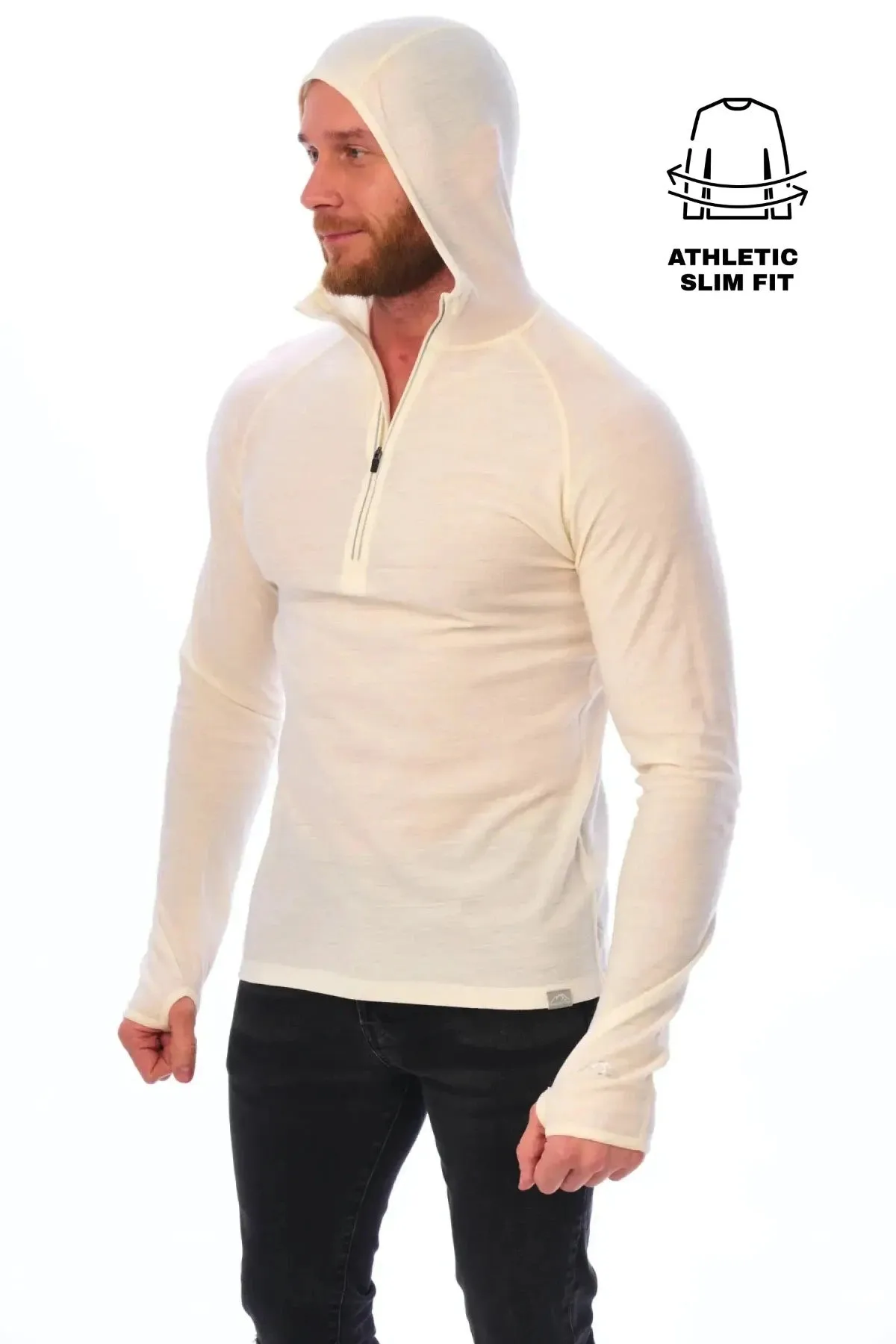 Men's Merino Wool Half Zip Hoodie 190 Off White